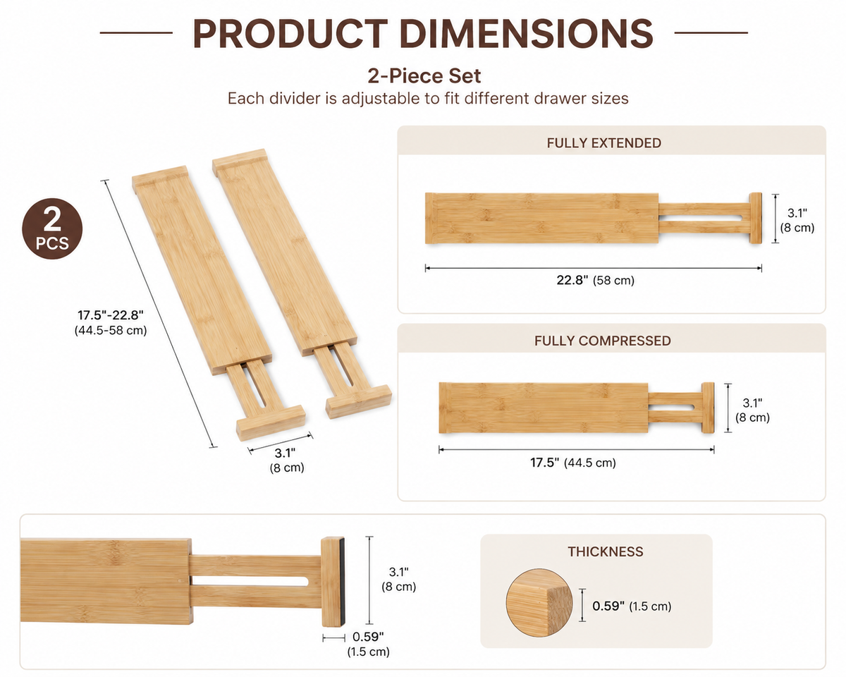 Expandable Bamboo Drawer Divider - 2Pcs